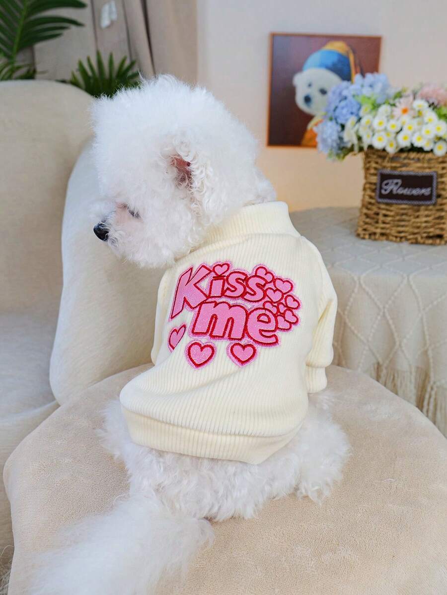 PETSIN 1pc Cat/Dog Universal Clothes, Embroidered Heart-Shaped Pattern Pet Sweater, Comfortable Spring Casual Pullover - White - View 1