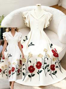 GlowEve 女士杏色花卉印花领珍珠纽扣腰部A字喇叭袖设计，魅力优雅甜美可爱，适合日常度假通勤时尚约会法式街头复古百搭春夏杏色新款喇叭袖中长连衣裙 - 彩色 - 查看 7