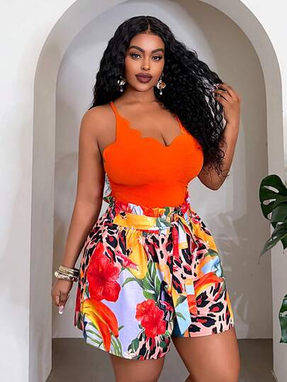 Veslaya Áo hai dây màu trơn và quần short họa tiết hoa dành cho nữ cỡ lớn, trang phục thường ngày thoải mái.