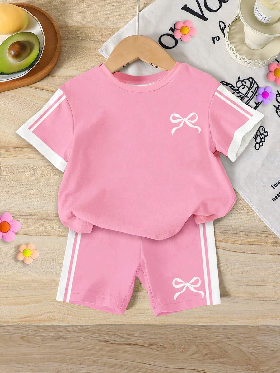 Elladie kids 女婴可爱蝴蝶结印花套装,女婴休闲简约撞色条纹短袖圆领上衣搭配修身撞色短裤,适合夏季、学校、居家、户外活动,可爱夏季女婴服装,韩版风格 - 彩色 - 查看 1