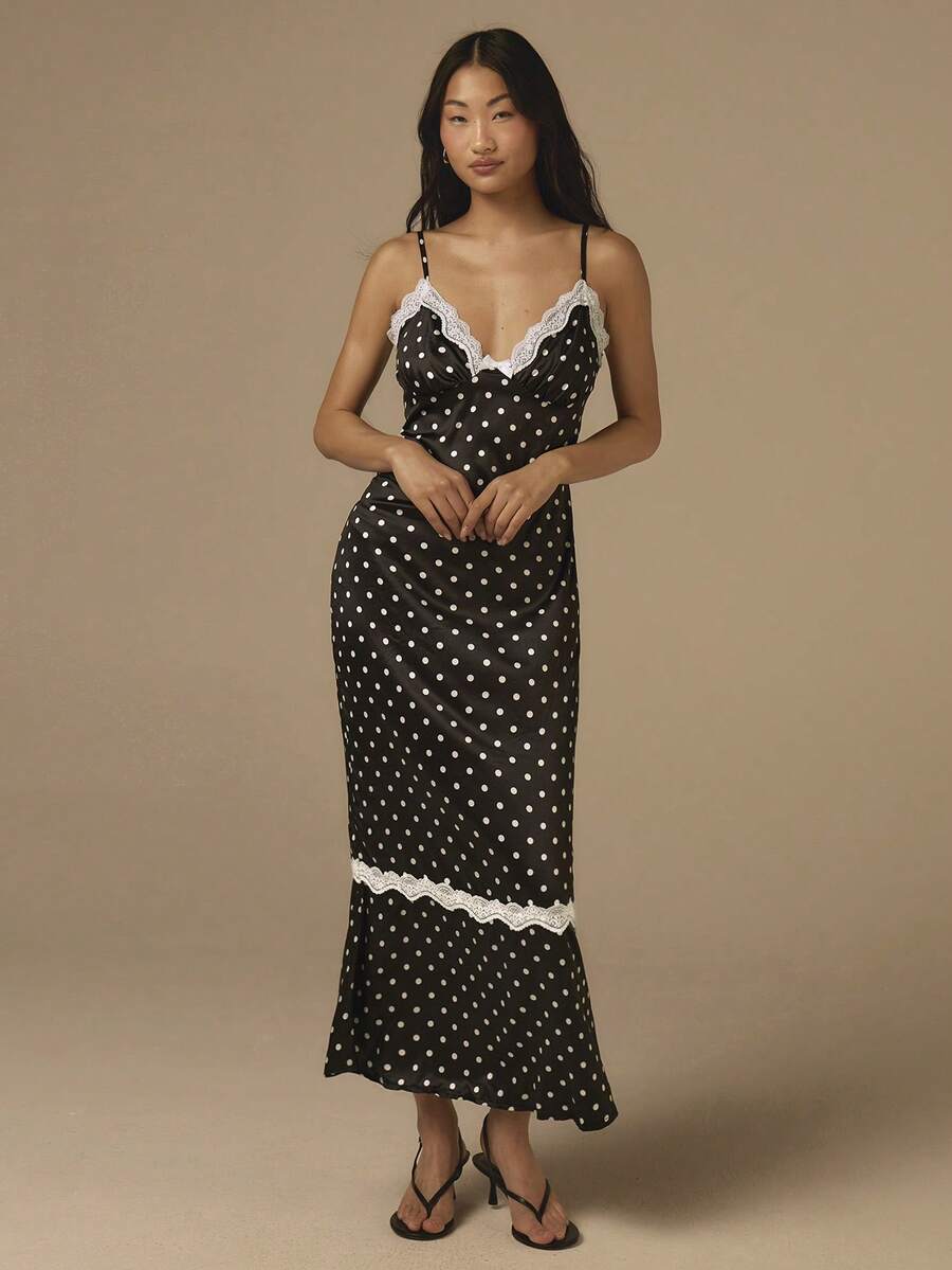 COSMINA Đầm hai dây dáng đuôi cá phối ren chấm bi đen trắng, kiểu dáng thanh lịch công sở phong cách Y2K, thích hợp cho kỳ nghỉ. - màu đen - Xem 1