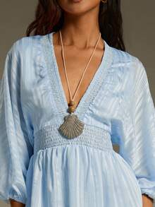 Athîral 女士深V褶皱腰带灯笼袖时尚迷你连衣裙，适合度假 - 藍色 - 查看 4