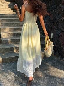 DAZY 女士夏季蕾丝拼接吊带连衣裙，优雅黄色长款度假连衣裙 - 黃色 - 查看 3