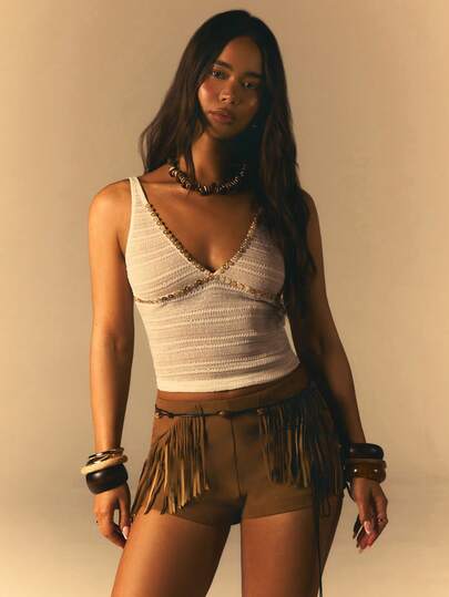 Athîral Women's Casual Boho Brown Tassel Design Casual Versatile Shorts, Fringe Shorts, Brown Leather Short,Music Festival,Easter, Fringe Outfits Women