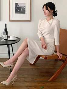 DAZY 女士优雅收腰中长连衣裙 - 杏色 - 查看 4