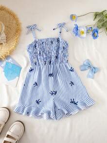 SHEIN Bộ áo liền quần cho bé gái, kiểu dáng thanh lịch, thoải mái, thích hợp cho kỳ nghỉ, dây mảnh, ôm sát, màu xanh dương, chất liệu dệt, thích hợp cho mùa xuân/hè, đi chơi ngoài trời. - Màu xanh lam - Xem 5
