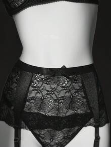 5pcs Romantic Lace Patchwork Satin Padded Bra Set Lingerie Set - Black - View 10