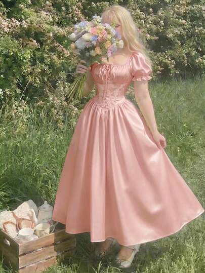 SHEIN MOD Vestido largo elegante de unicolor con pliegues y cintura retorcida, adecuado para citas y fiestas