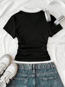 SHEIN Tween Girl Knit Casual Color Block Fitted Crop Top With Small Logo Embroidery, Tween Girl - Black and White - View 2