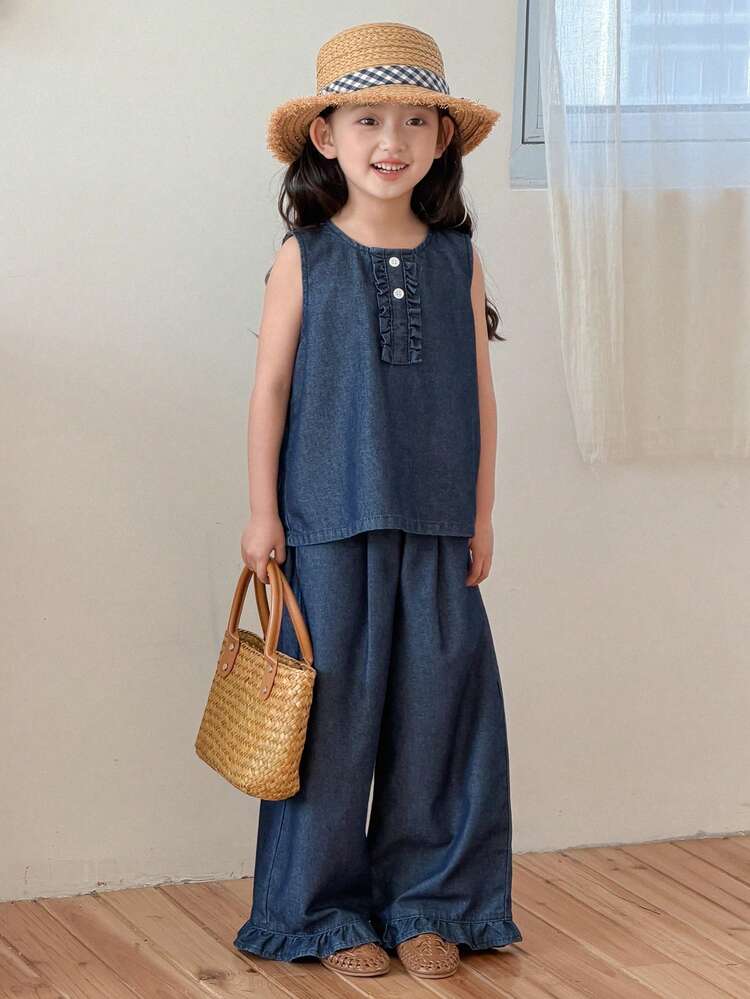 Young Girl Denim Frill Trim Round Neck Tank Top And Wide Leg Jeans Casual Set