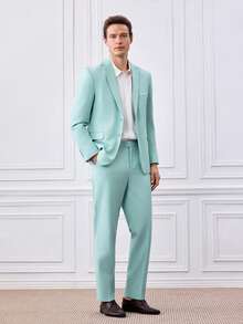 Officeau Men's 2 Pieces Elegant Suit Set, Men's Gentleman Solid Color Double-Breasted Slim-Fit Single-Breasted Business Suit Jacket And Pants Set, Suitable For Balls, Parties, Weddings, Etc., Mint Green, Size XS-3XL - Mint Green - View 7