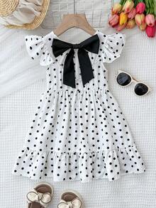 SHEIN Kids Girls Polka Dot Cap Sleeve Princess Dress,White Butterfly Back Elegant Clothes For Family Gatherings,Weddings First Birthday Party Holiday - White - View 5