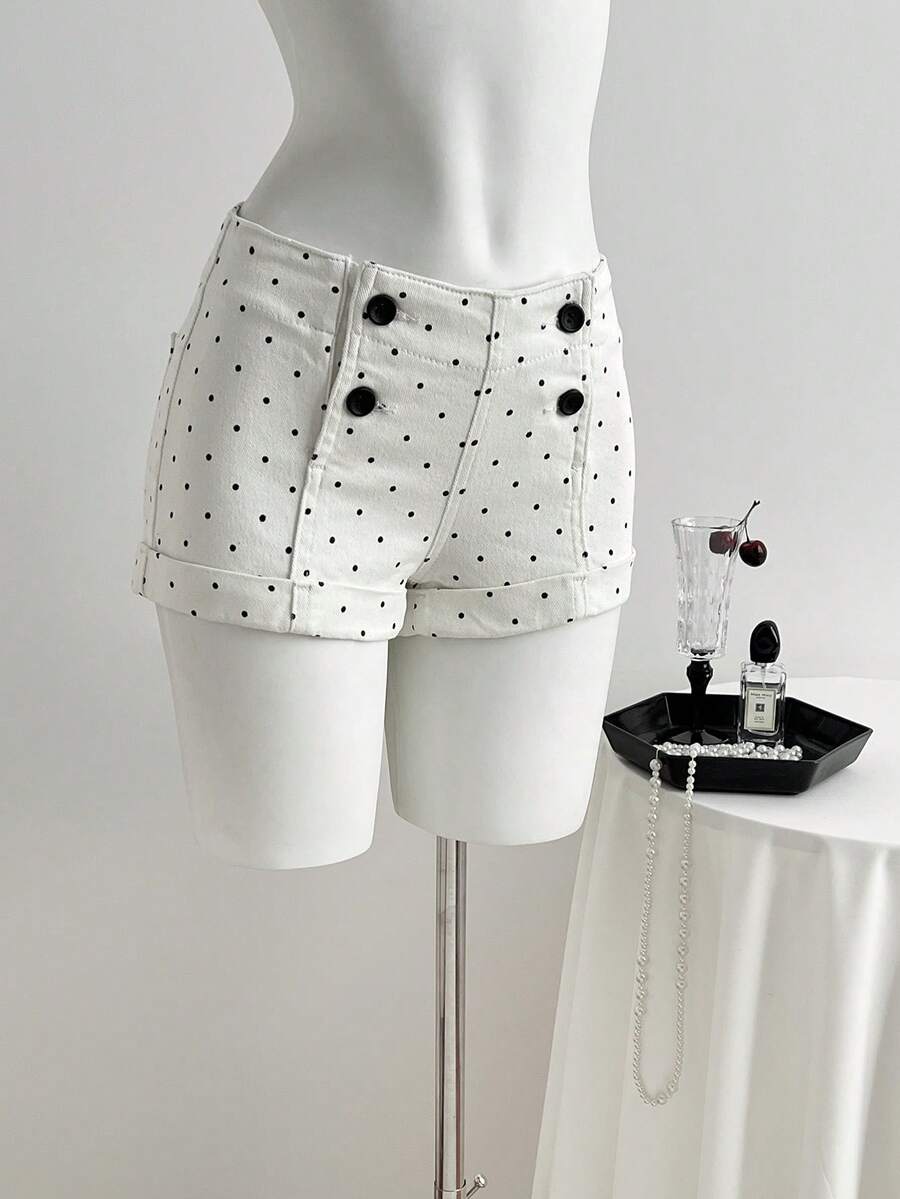 Elamini Fashionable Casual Polka Dot Washed Denim Shorts - White - View 1