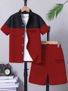 SHEIN 2pcs/Set Toddler Boys' Colorblock Short Sleeve Top And Shorts Set - Red - View 4