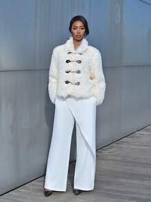 Mima John 秋冬女士长袖纽扣领仿皮草优雅夹克 - 杏色 - 查看 4