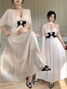 DAZY Pink And Black,Summer,Elegant,Party White Shiny Shawl-Style Bow Decor Dress,Suitable For Valentine's Day,Wedding,Formal Occasion,Fashion Event Dress - Pink - View 1