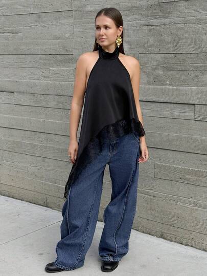 Kuleshova 优雅蕾丝边露背吊带背心，性感缎面拼接无袖衬衫，适合派对、鸡尾酒会、正式场合、圣诞节、商务休闲