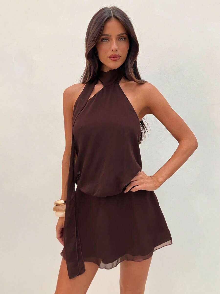 Aloruh 女士优雅系带腰身迷你连衣裙 - 棕色 - 查看 1