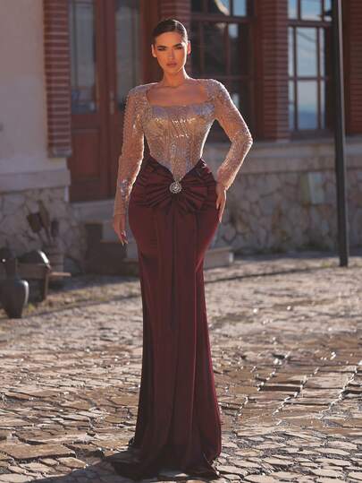 Aureia Elegant And Luxurious Sequins Embroidered Floral Satin, Handcrafted Sequins Decor, Square Neck Long Sleeve Semi-Sheer Waist Mermaid Hem Gown With Sequin Trim, Women's Formal Evening Dress