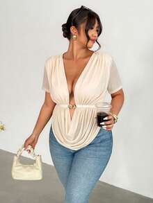 Firerie Blusa casual elegante y cómoda de talla grande con cuello en pico, sin mangas, elástica, con decoración de hebilla metálica y abertura lateral, adecuada para primavera/verano y playa - Albaricoque - Ver 5