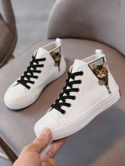 zapatillas de lona para niños y niñas lona color básico con cordones brillosos altos confort 100% lona excelente calidad dibujo de gatito tierno liso 13 al 21 mx colores básicos liga negro blanco rojo