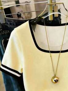 Resyla Women's Striped Square Neck Short Sleeve Casual Versatile T-Shirt - Yellow - View 3