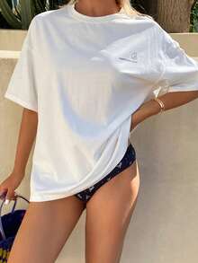 DAZY Áo thun nữ mùa hè tay ngắn dáng rộng, in chữ và hình đồ họa, kiểu dáng thường ngày, thích hợp mặc nhà. - trắng - Xem 2