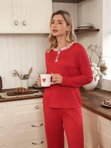 SHEIN Doze Lane 撞色格纹开襟长袖长裤女士睡衣套装 - 紅色 - 查看 1