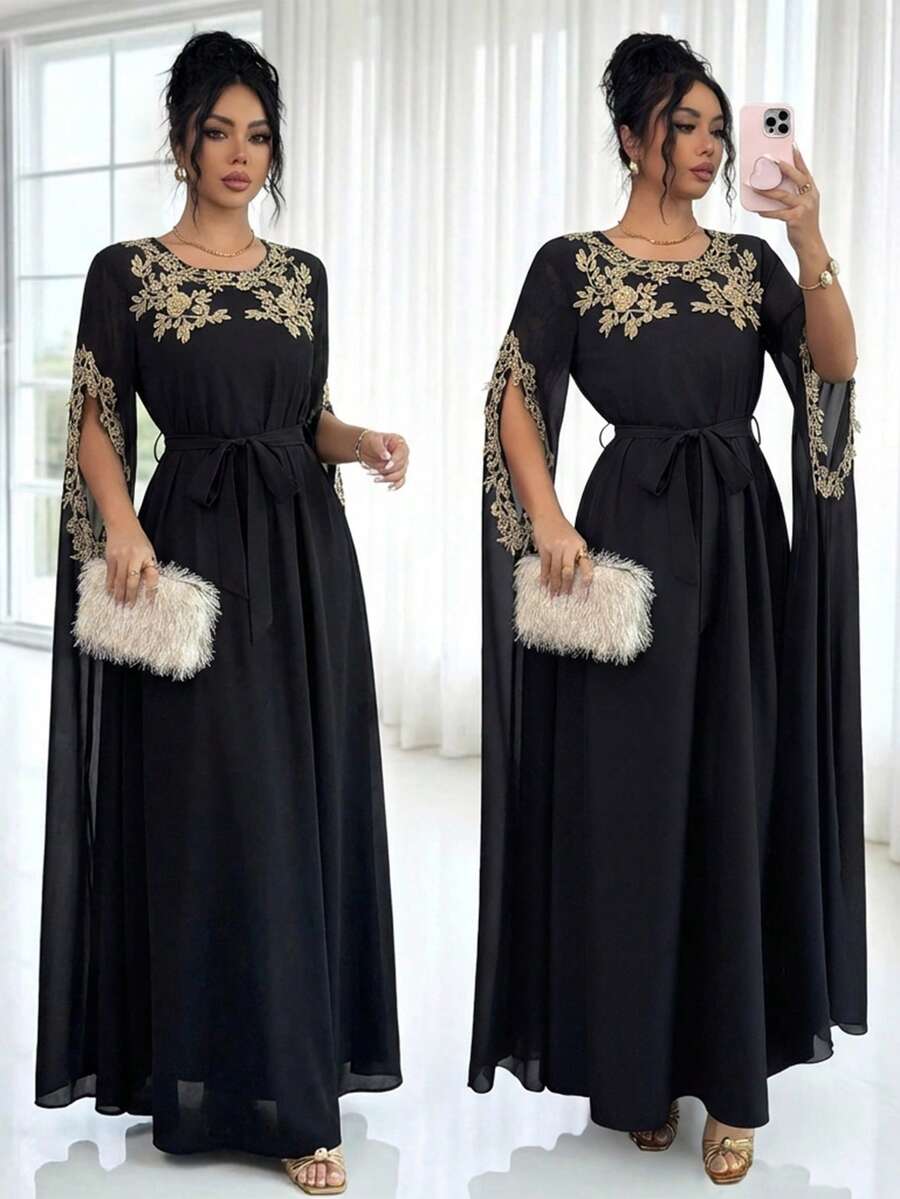 SHEIN Elenzya Vestido largo elegante de cuello redondo con estampado floral, mangas divididas y plisado extra largo, perfecto para el verano. - Negro - Ver 1