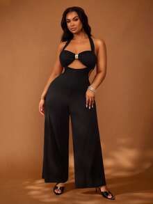 Veslaya Plus Size Women's Black Halter Backless Wide Leg Jumpsuit,70's Summer Night Out Club Party,Y2k Baddie Style,Elegant Wedding Guest & Vacation Wear - Black - View 4