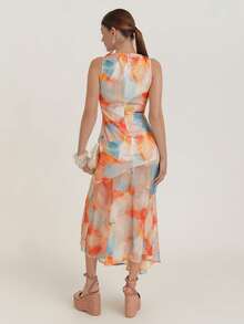 CielaLinda 女士印花蝴蝶结开衩无袖不对称长款连衣裙斜裁连衣裙浪漫度假连衣裙 - 彩色 - 查看 2