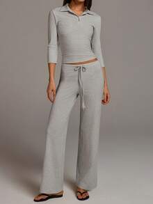 Athîral Pantalones casuales rectos de cintura con cordón de unicolor para mujer - Gris - Ver 3