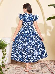 Sparklyn Tween Girls' Colorblock Print Flutter Sleeve Dress - Blue - View 3