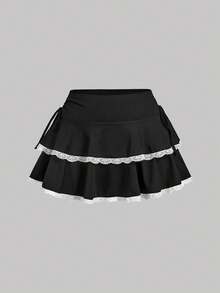 SHEIN MOD Black Drawstring Ruched Waist Tiered Cake Skirt With White Lace Trim , Date, Party, Women's Summer And Spring Wear, Spring Break, Vacation, Picnic, Festival, Birthday - Black - View 6