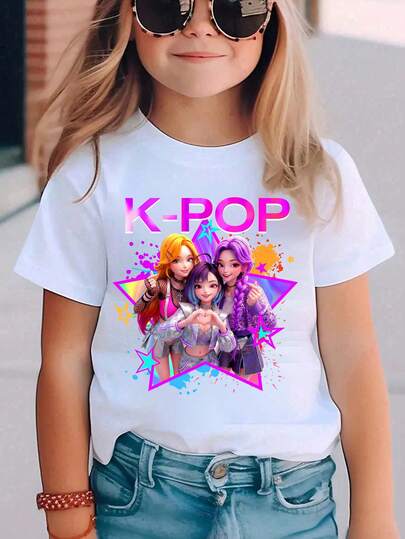Young Girls' Basic Round Neck Cartoon Print Short Sleeve T-Shirt