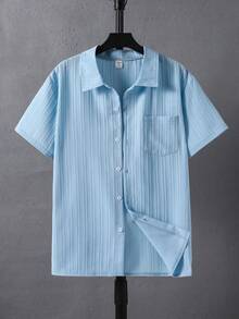 SHEIN Teen Boy Solid Color Single-Breasted Casual Versatile Daily Wear Short Sleeve Shirt - Baby Blue - View 6