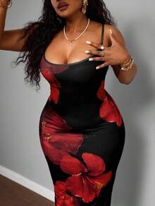 SHEIN PETITE CURVE 大码女式印花优雅收腰派对连衣裙 - 彩色 - 查看 7