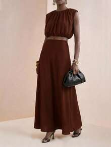 Zivah Women's Summer Elegant Coffee Brown 2-Piece Set Solid Color Cropped Top And Extra Long Skirt,Wrap Around Dresses For Tea Party Holiday Wow Dress - Brown - View 5
