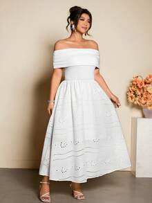 Cravure 大码女式露肩拼接刺绣下摆连衣裙 - 白色 - 查看 7