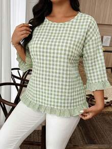 Weeklong Plus Size Casual Plaid Ruffle Trim Shirt - Mint Green - View 3