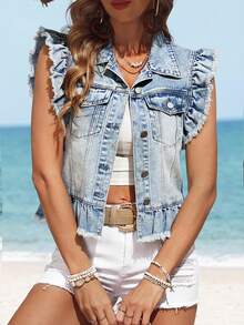 Breezaya Plus Size Casual Ruffled Denim Jacket - Blue - View 1