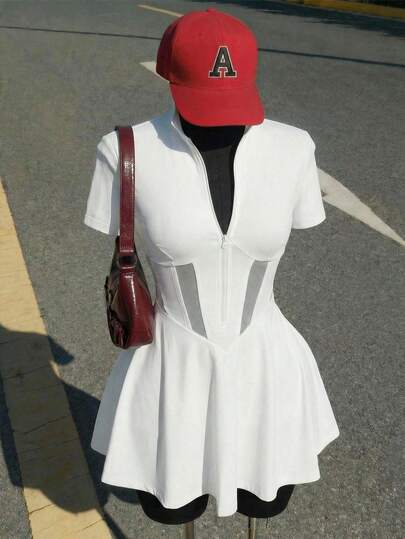 SHEIN ICON 大码露腰透视收腰A字针织连衣裙，修身运动A字网球裙