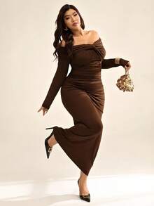 Auralis Plus-Size Women's Brown,Autumn,Elegant,Night Out Club Mermaid Maxi Dress,One-Shoulder Twisted Pleated Long-Sleeved Mesh Fitted Floor-Length Clothing - Brown - View 2