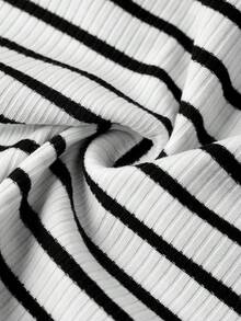 Ellevyn Women's Striped Square Neck Short Sleeve T-Shirt And Pants Casual 2 Pieces Set - Black and White - View 3