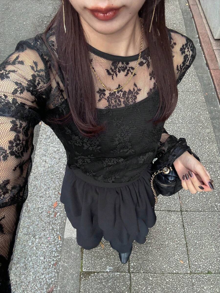 FRIFUL Women's Round Neck Lace Fabric Fitted Flare Sleeve Solid Color Casual T-Shirt - Black - View 1