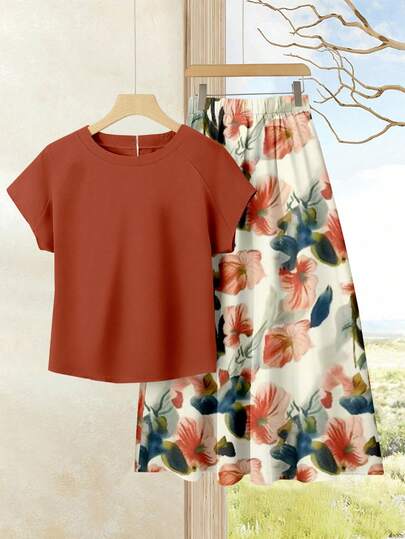 EMERY ROSE 2pcs Women's Vacation Casual Solid Color Top + Printed Skirt Set, Women's Summer Set, Summer Skirt Set, Skirt Top Set, Women's Skirt Top Set, Printed Skirt Set