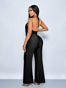SOLERSUN Bộ jumpsuit nữ, gợi cảm và thanh lịch, phù hợp cho công sở, thiết kế đơn giản, cổ bèo nhún, chất liệu vải dệt kim màu nâu, trang phục nữ mùa xuân/hè, đi biển, hẹn hò. - màu đen - Xem 2