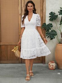 EMERY ROSE Women's Elegant Solid Color Lace Mid-Length Dress, Summer - White - View 6