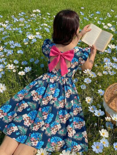 Summer Outfits,Squishy,1pc Blue Tropical Vacation Style Dress, Suitable For Travel, Backless With Detachable Bow Decor, 11 Year Old Girl Summer Clothes, Tween Summer Fashion, Teen Girl Resort Wear Picnic Dress Aesthetic Dresses For Summer Girls Dress With Bow In The Back Blue Floral Dress Garden Party Dress Long Dress Spring Dress Butterfly Back Dress Summer Day Dress Fleurora Spring And Summer Elegant Dress Vintage Floral Dress Bay Doll Dress Blossom Dress Floral Dresses