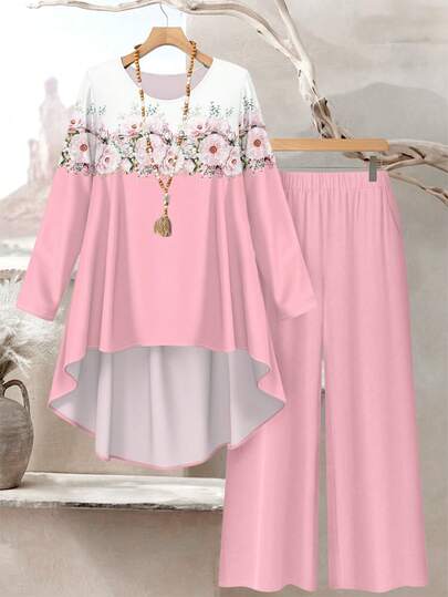 SHEIN Lacomfia Elegant Floral Ombre Digital Print Plus Size Women's Outfit, Spring Fashion Round Neck Long Sleeve Front Short Back Long Hem Loose Top & Pants 2-Piece Set